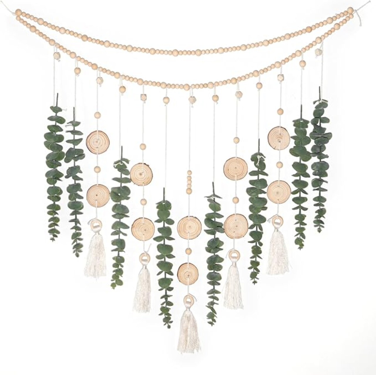Artificial Hanging Eucalyptus Wall Decor Fake Greenery Leaves Wall Hanging Plants on Long Wooden Beads Garland Wall Art Large Boho Rustic Farmhouse Decor for Bathroom Bedroom Living Room Sage Green